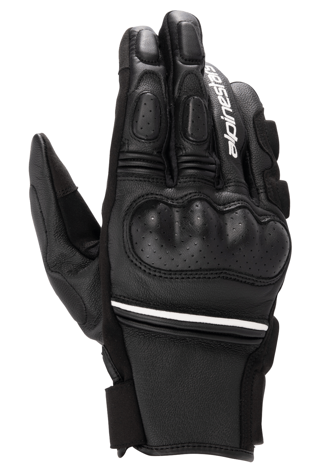 Alpinestars Phenom Leather Gloves, luvas de motociclismo pretas e brancas de cano curto, proteção rígida nos nós dos dedos, detalhes em couro perfurado, logótipo Alpinestars branco no dedo indicador e risca branca no pulso