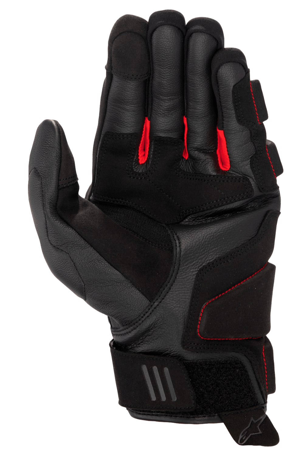 Luvas de Couro Alpinestars Phenom, luvas de motociclismo, pretas e vermelho brilhante, vista da palma em couro de cabra premium, tecido vermelho entre os dedos, zonas de impacto reforçadas e fecho de pulso ajustável com velcro
