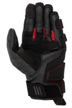 Luvas de Couro Alpinestars Phenom, luvas de motociclismo, pretas e vermelho brilhante, vista da palma em couro de cabra premium, tecido vermelho entre os dedos, zonas de impacto reforçadas e fecho de pulso ajustável com velcro