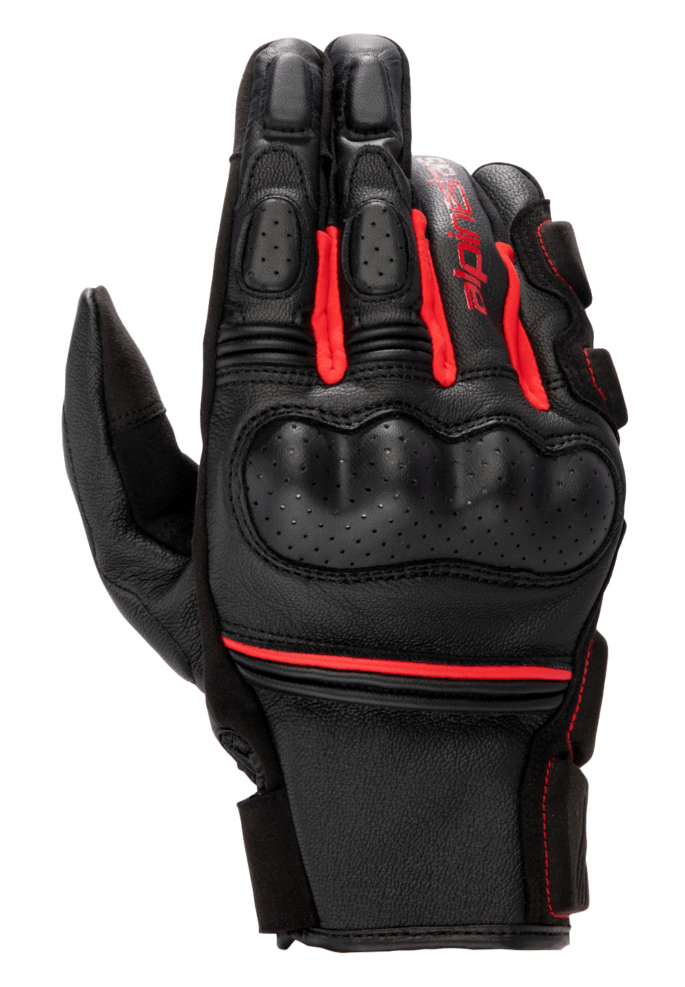 Alpinestars Phenom Leather Gloves, luvas de motociclismo, pretas e vermelho vivo, proteção rígida perfurada nos nós dos dedos, construção em pele de cabra premium, inserções elásticas tipo acordeão em vermelho e logótipo Alpinestars na lateral.