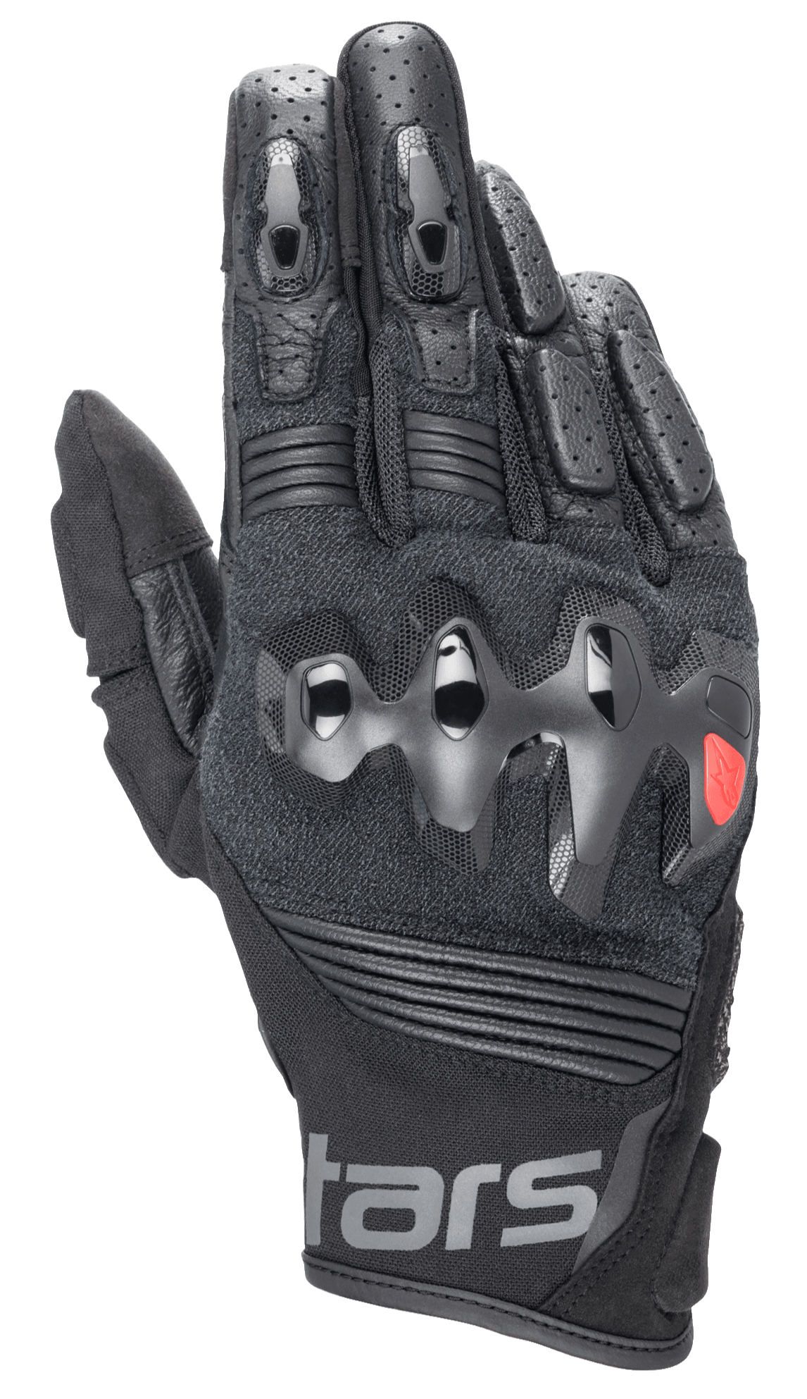 Alpinestars Halo Leather Gloves, Black Motorcycle Gloves with Hard Over-Injected Knuckle Protector, Perforated Leather Fingers, Mesh and Leather Construction, Red Logo Detail