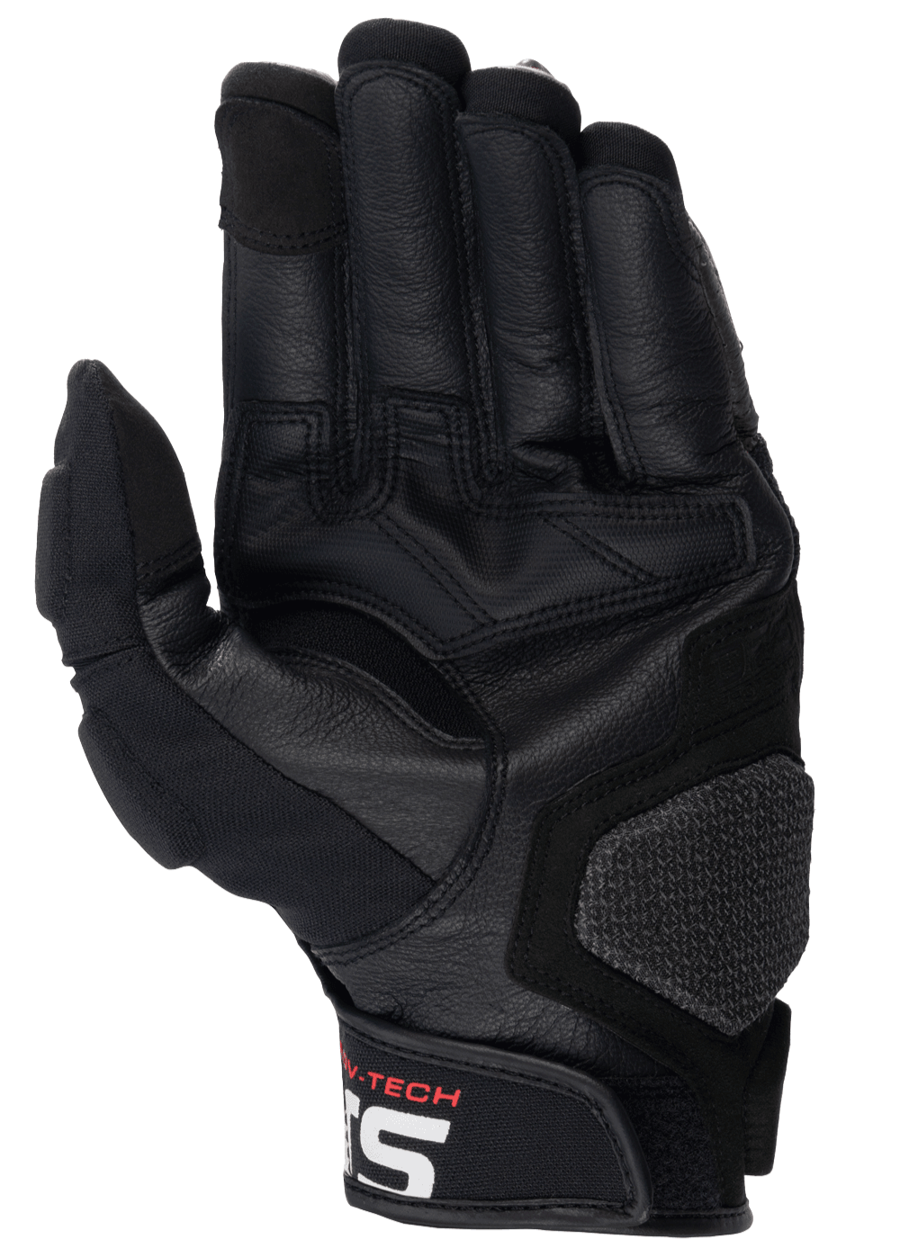 Luvas de Couro Alpinestars Halo, luvas de motociclismo, pretas, vista da palma com reforço em couro e aderência em borracha, inclui almofada de aterrissagem texturizada e punho curto com logótipo Alpinestars branco, equipamento de aventura touring