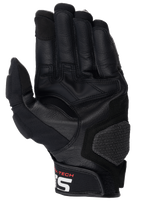 Luvas de Couro Alpinestars Halo, luvas de motociclismo, pretas, vista da palma com reforço em couro e aderência em borracha, inclui almofada de aterrissagem texturizada e punho curto com logótipo Alpinestars branco, equipamento de aventura touring