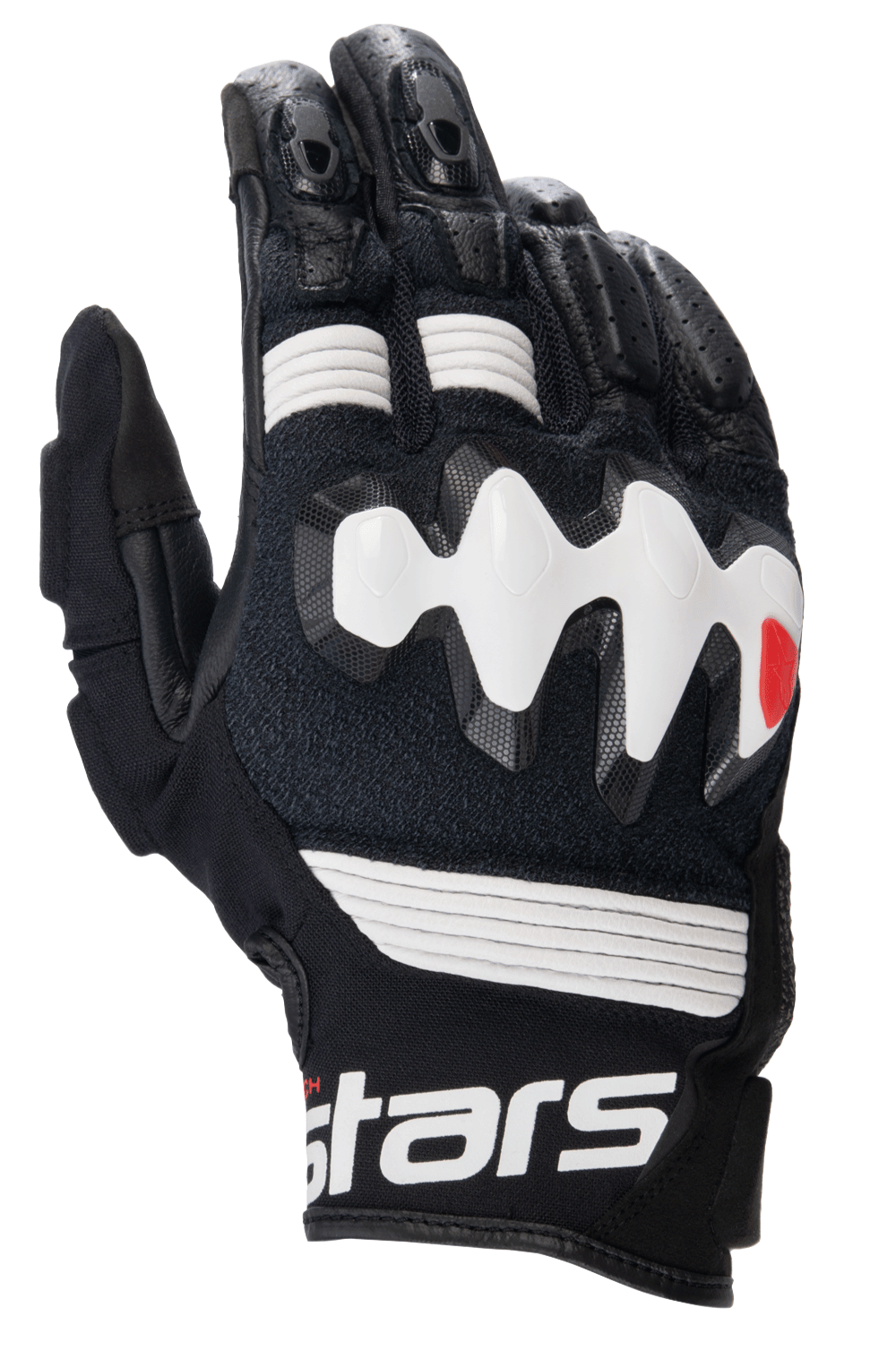 Luvas de Pele Alpinestars Halo, luvas de motociclismo de aventura, pretas e brancas, com um grande protetor de nós dos dedos sobre-injetado em branco, painéis de pele perfurada para ventilação e punho curto com logótipo branco em destaque.