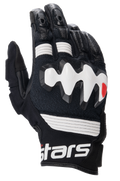 Luvas de Pele Alpinestars Halo, luvas de motociclismo de aventura, pretas e brancas, com um grande protetor de nós dos dedos sobre-injetado em branco, painéis de pele perfurada para ventilação e punho curto com logótipo branco em destaque.