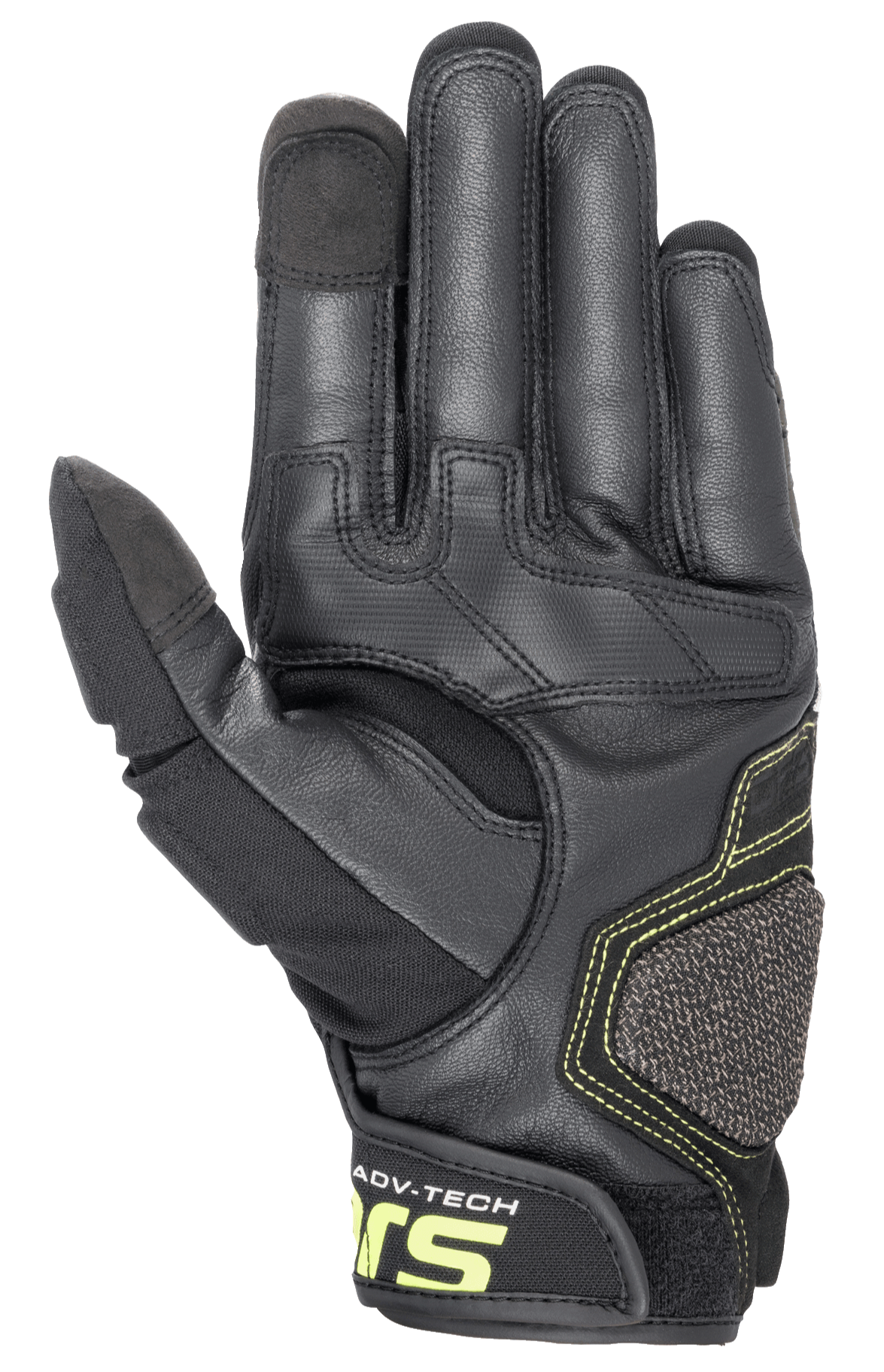 Luvas de Couro Alpinestars Halo, luvas de motociclismo de aventura, Forest Black e amarelo fluorescente, vista da palma com construção em couro reforçado, costuras em amarelo fluorescente e pontas do indicador e polegar compatíveis com ecrãs táteis