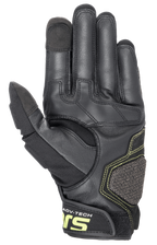 Luvas de Couro Alpinestars Halo, luvas de motociclismo de aventura, Forest Black e amarelo fluorescente, vista da palma com construção em couro reforçado, costuras em amarelo fluorescente e pontas do indicador e polegar compatíveis com ecrãs táteis