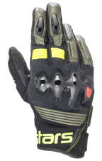 Alpinestars Halo Leather Gloves, luvas de motociclismo, Forest Black e Yellow Fluo, verde-oliva e preto com detalhes em amarelo néon, proteção de nós dos dedos sobreinjetada, construção em pele perfurada, estilo adventure touring