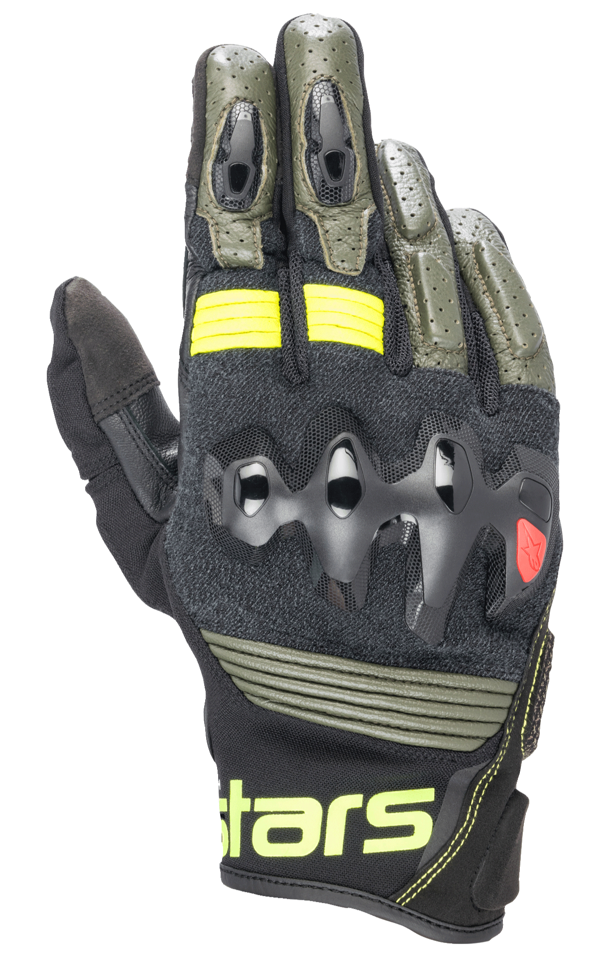 Alpinestars Halo Leather Gloves, luvas de motociclismo, Forest Black e Yellow Fluo, verde-oliva e preto com detalhes em amarelo néon, proteção de nós dos dedos sobreinjetada, construção em pele perfurada, estilo adventure touring