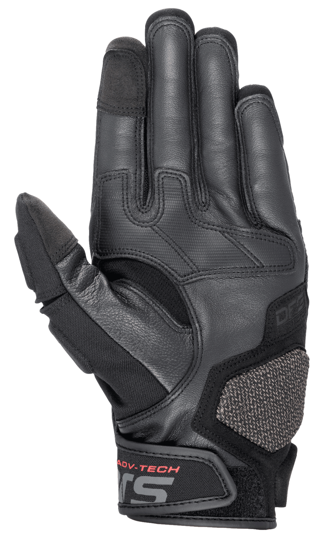 Luvas de Couro Alpinestars Halo, luvas de motociclismo Adventure Touring, azul-escuro e preto, vista da palma com couro de cabra premium, zonas de aderência em borracha, almofada de proteção ARshield e inscrição ADV-TECH a vermelho no fecho do punho