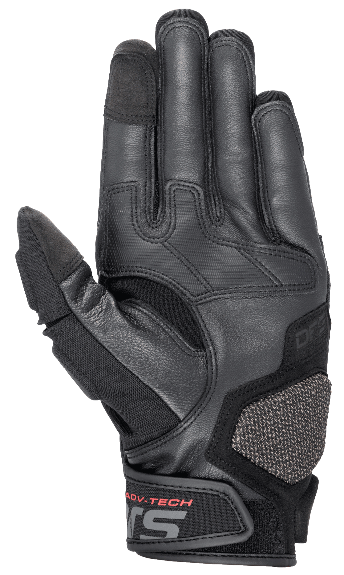 Luvas de Couro Alpinestars Halo, luvas de motociclismo Adventure Touring, azul-escuro e preto, vista da palma com couro de cabra premium, zonas de aderência em borracha, almofada de proteção ARshield e inscrição ADV-TECH a vermelho no fecho do punho