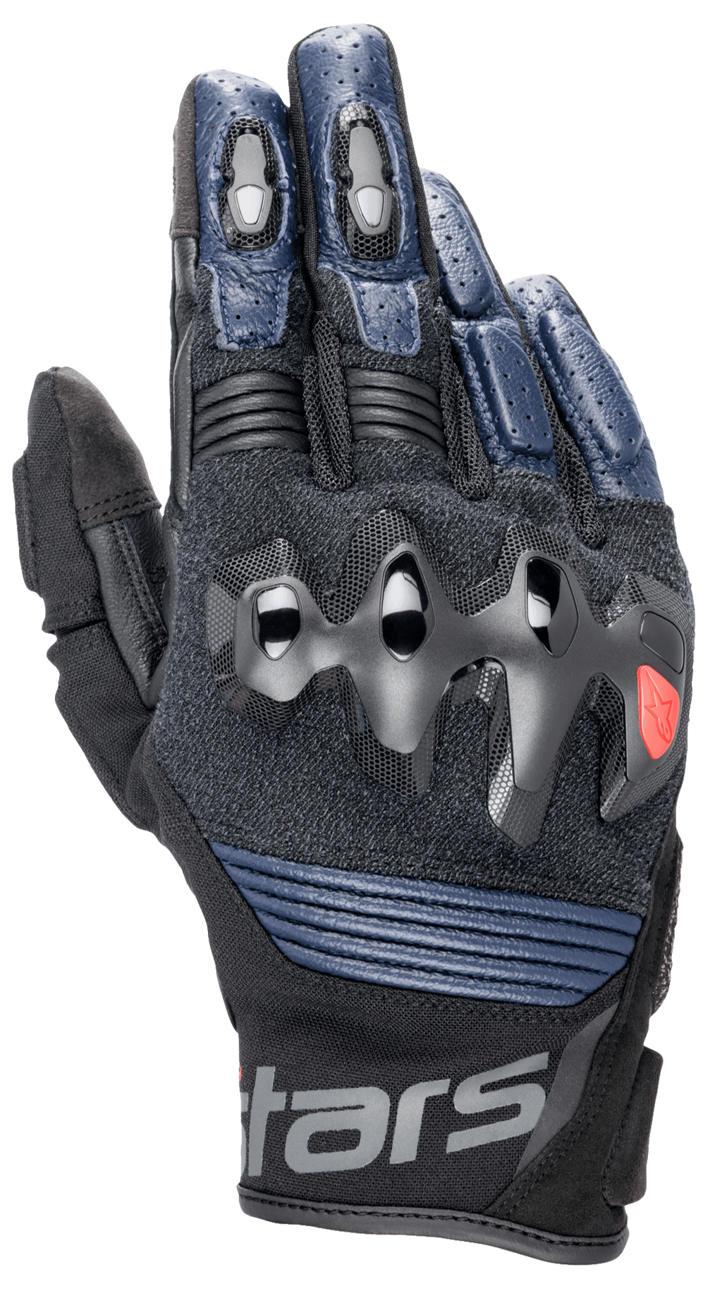 Luvas de Couro Alpinestars Halo, luvas de motociclismo, azul-escuro e preto, com proteção sobre-injetada nos nós dos dedos, dedos em couro perfurado, painéis em malha para ventilação e design de punho curto com marca Alpinestars