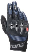 Luvas de Couro Alpinestars Halo, luvas de motociclismo, azul-escuro e preto, com proteção sobre-injetada nos nós dos dedos, dedos em couro perfurado, painéis em malha para ventilação e design de punho curto com marca Alpinestars