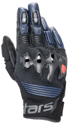Luvas de Couro Alpinestars Halo, luvas de motociclismo, azul-escuro e preto, com proteção sobre-injetada nos nós dos dedos, dedos em couro perfurado, painéis em malha para ventilação e design de punho curto com marca Alpinestars