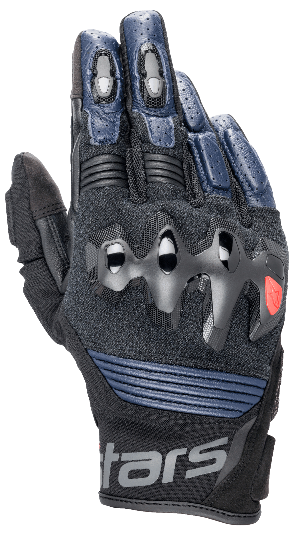 Luvas de Couro Alpinestars Halo, luvas de motociclismo, azul-escuro e preto, com proteção sobre-injetada nos nós dos dedos, dedos em couro perfurado, painéis em malha para ventilação e design de punho curto com marca Alpinestars