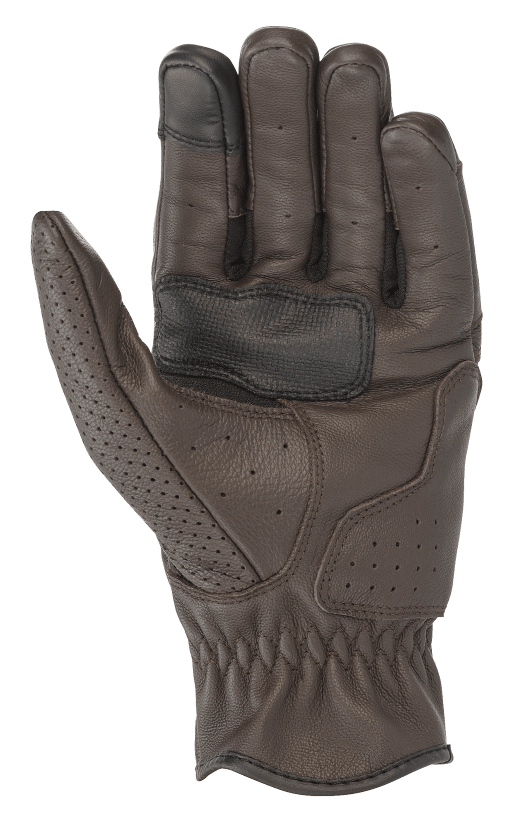 Luvas de Couro Alpinestars Rayburn V2, Castanho Tabaco, vista da palma, construção em couro premium com perfurações localizadas, palma reforçada para aderência e ponta do dedo compatível com ecrã tátil, equipamento de motociclismo urbano de inspiração clássica