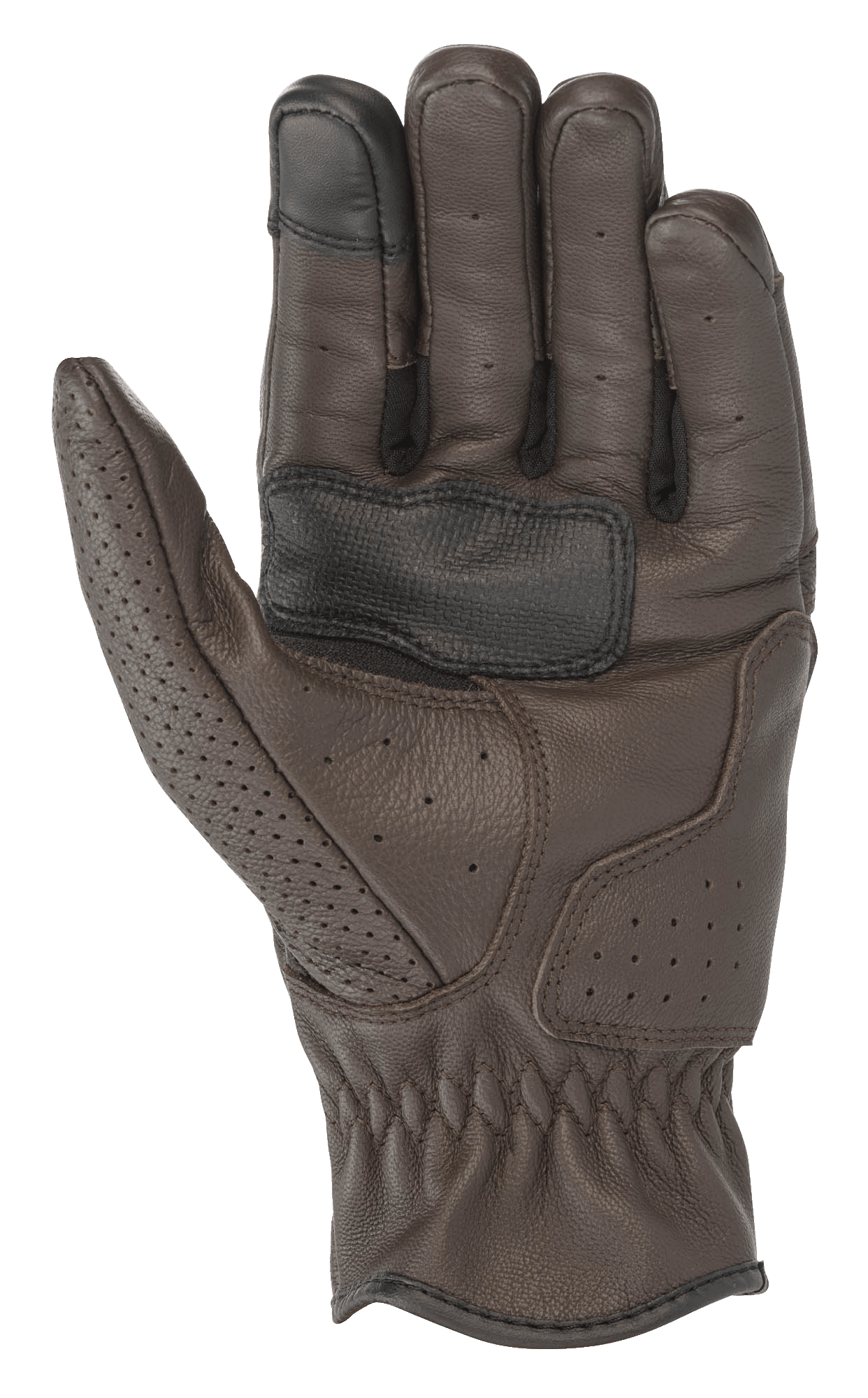 Luvas de Couro Alpinestars Rayburn V2, Castanho Tabaco, vista da palma, construção em couro premium com perfurações localizadas, palma reforçada para aderência e ponta do dedo compatível com ecrã tátil, equipamento de motociclismo urbano de inspiração clássica