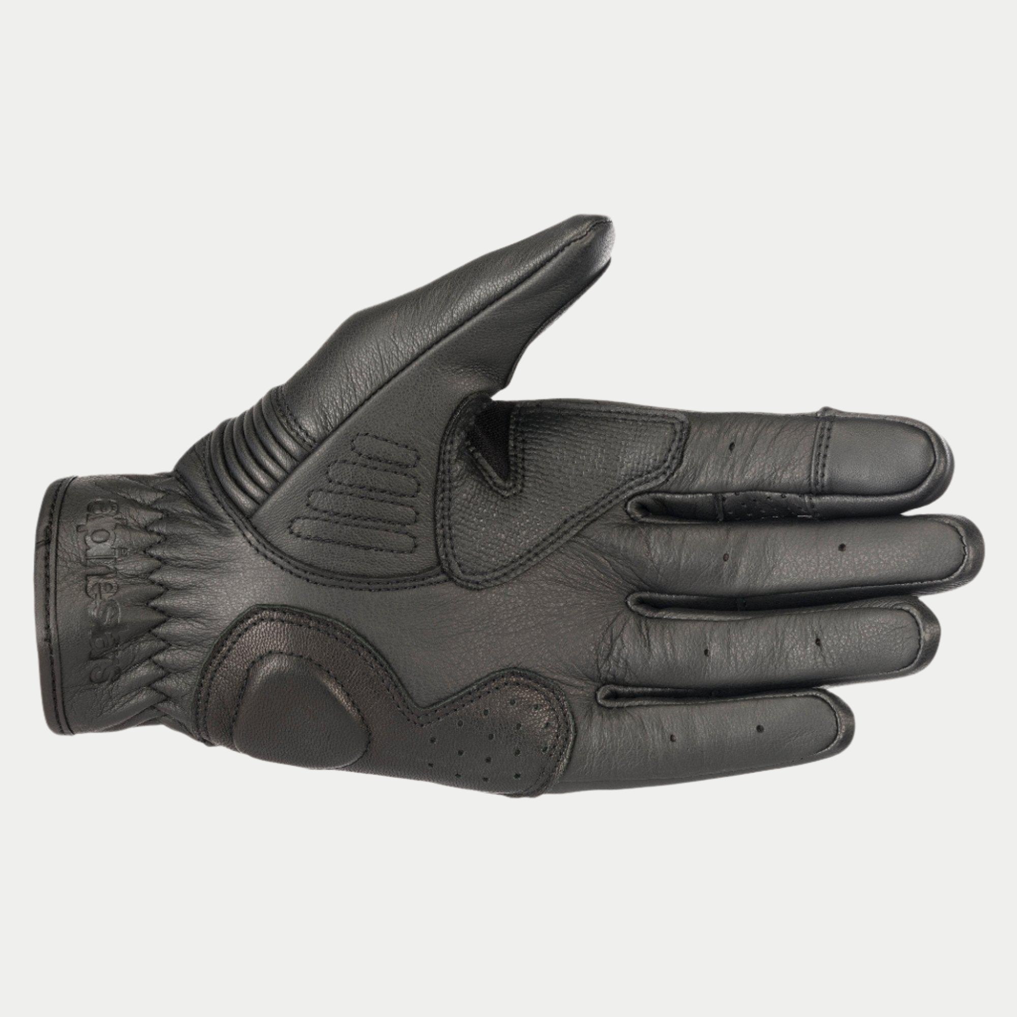 Luvas Alpinestars Crazy Eight, luvas de motociclismo, pretas, vista da palma com construção em couro reforçado, painéis de aderência texturizados na palma e no polegar, e marca em relevo no punho