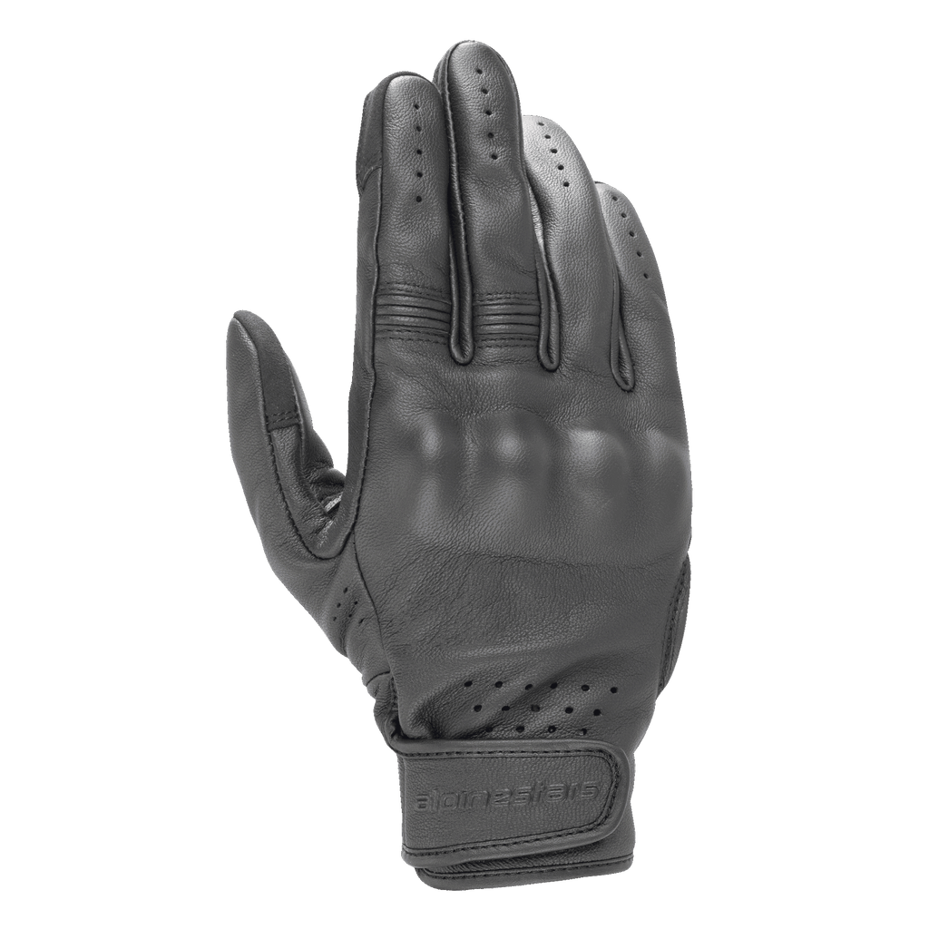 Alpinestars Dyno Leather Gloves, luvas de motociclismo pretas, construção em pele de cabra com proteção rígida e coberta nos nós dos dedos, ventilação perfurada nos dedos e pulso, fecho com tira de velcro, design urbano minimalista