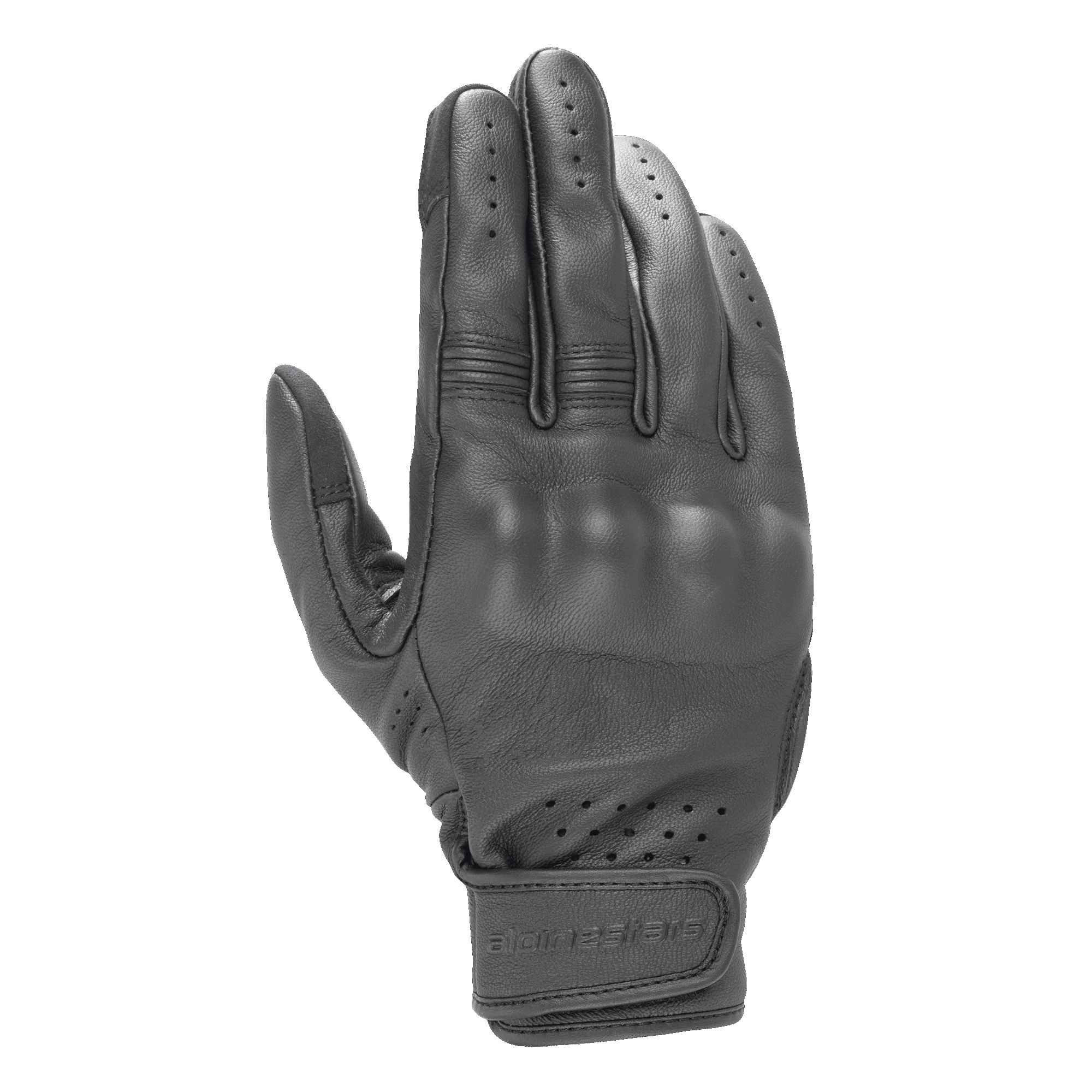 Alpinestars Dyno Leather Gloves, luvas de motociclismo pretas, construção em pele de cabra com proteção rígida e coberta nos nós dos dedos, ventilação perfurada nos dedos e pulso, fecho com tira de velcro, design urbano minimalista