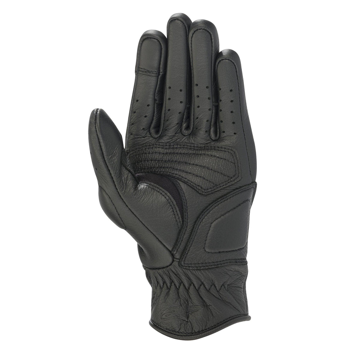 Luvas Alpinestars Stella Vika V2 para Mulher, luvas de motociclismo em pele preta, vista da palma com acolchoamento reforçado, dedos perfurados para ventilação e design de punho curto