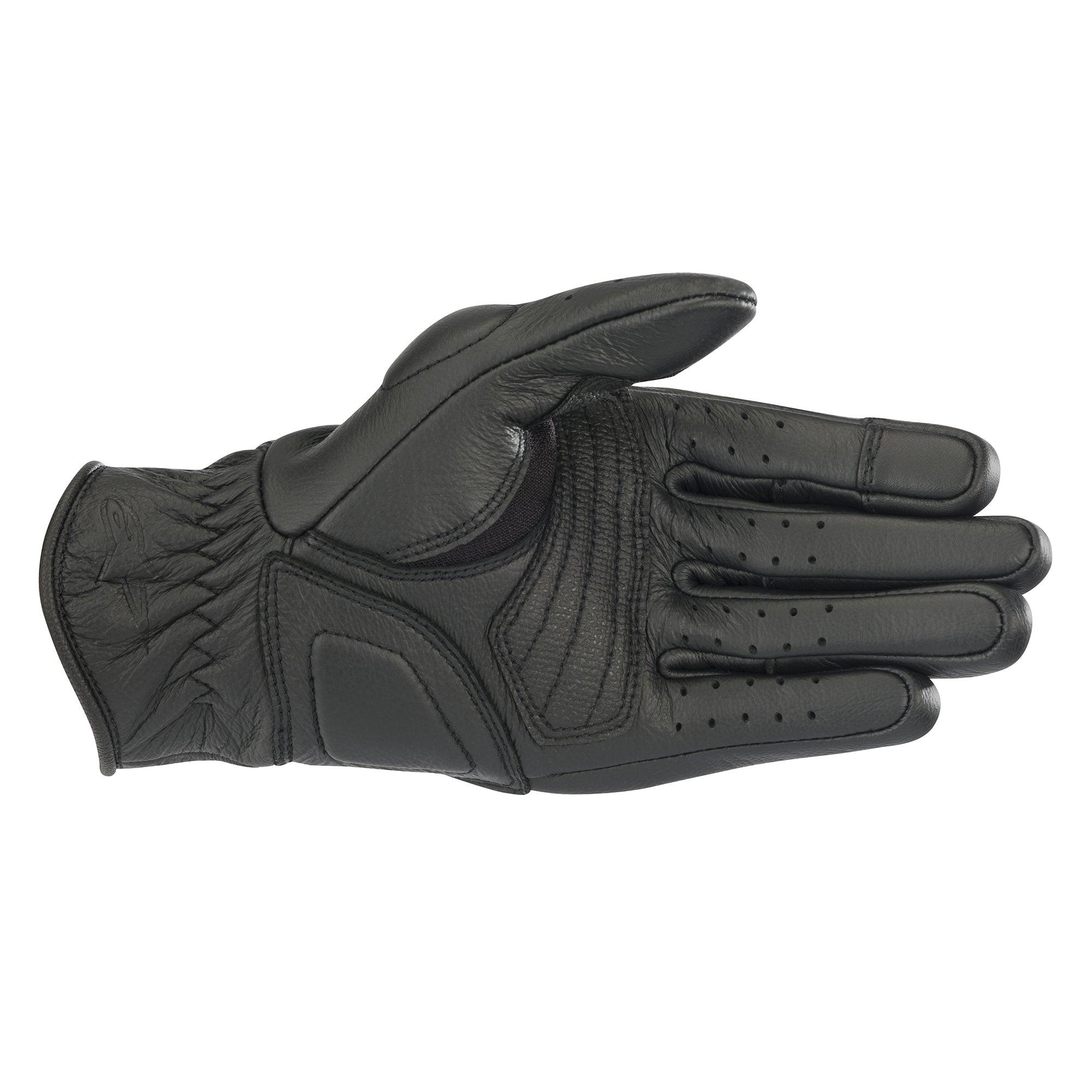Luvas Alpinestars Stella Vika V2 para Mulher, luvas de motociclismo em pele preta, vista da palma com acolchoamento reforçado, dedos perfurados para ventilação e design de punho curto