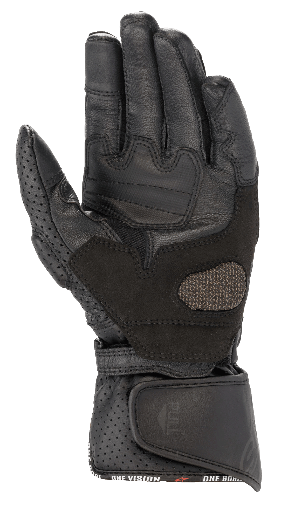 Alpinestars Women Stella SP-8 V3 Gloves, Motorcycle Gloves, Black Black, palm view showing reinforced leather panels and perforated details, wide adjustable wrist closure with pull tab, high-performance protective gear for women