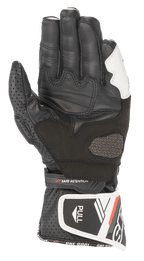 Alpinestars Women Stella SP-8 V3 Gloves, Leather Motorcycle Gloves, Black and White, palm view showing perforated leather thumb, reinforced grip panels, adjustable wrist strap with 'SAFE RETENTION' text, and long cuff with 'PULL' tab and brand lettering
