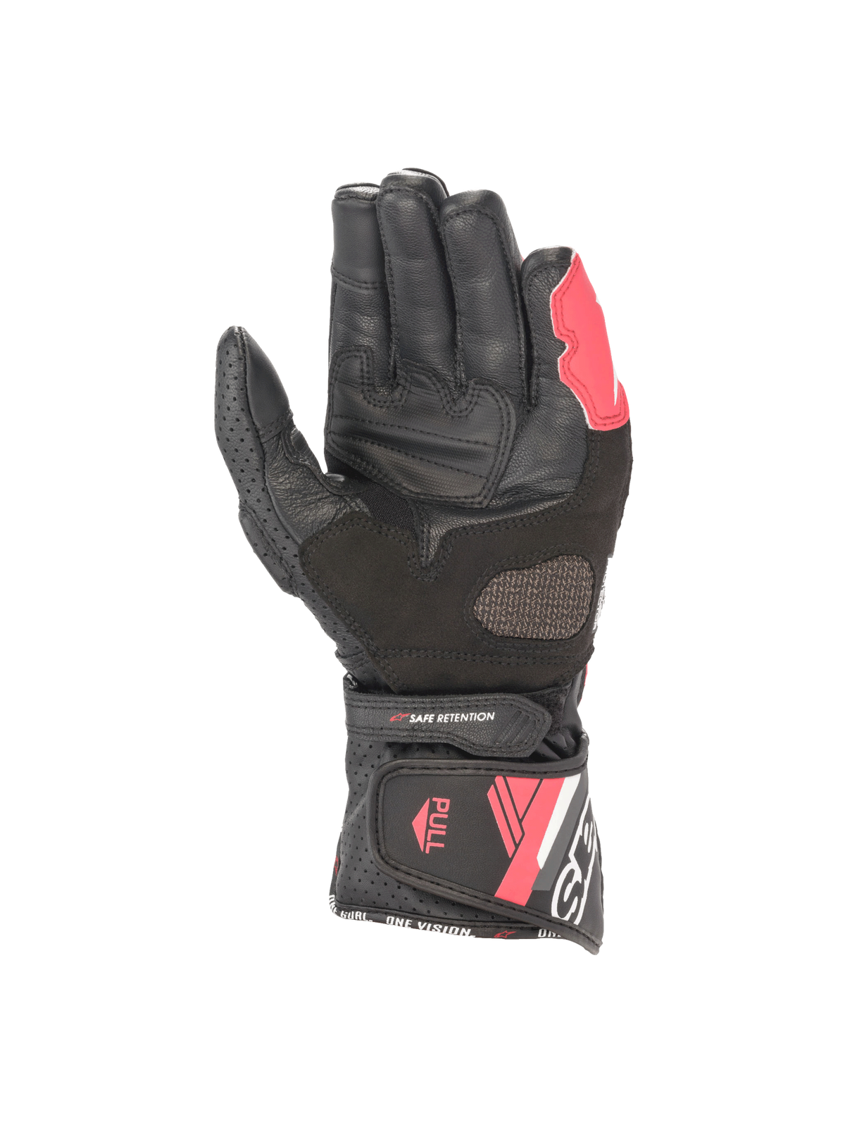 Alpinestars Luvas Stella SP-8 V3, luvas de moto para mulher em couro, pretas e rosa, vista da palma com fecho de punho de gancho e laço, ideais para condução desportiva e corrida.