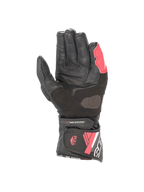 Alpinestars Luvas Stella SP-8 V3, luvas de moto para mulher em couro, pretas e rosa, vista da palma com fecho de punho de gancho e laço, ideais para condução desportiva e corrida.