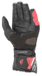 Alpinestars Women Stella SP-8 V3 Leather Gloves, Black White Diva Pink, palm view showing leather construction, reinforced grip areas, perforated panels, and adjustable cuff closure.