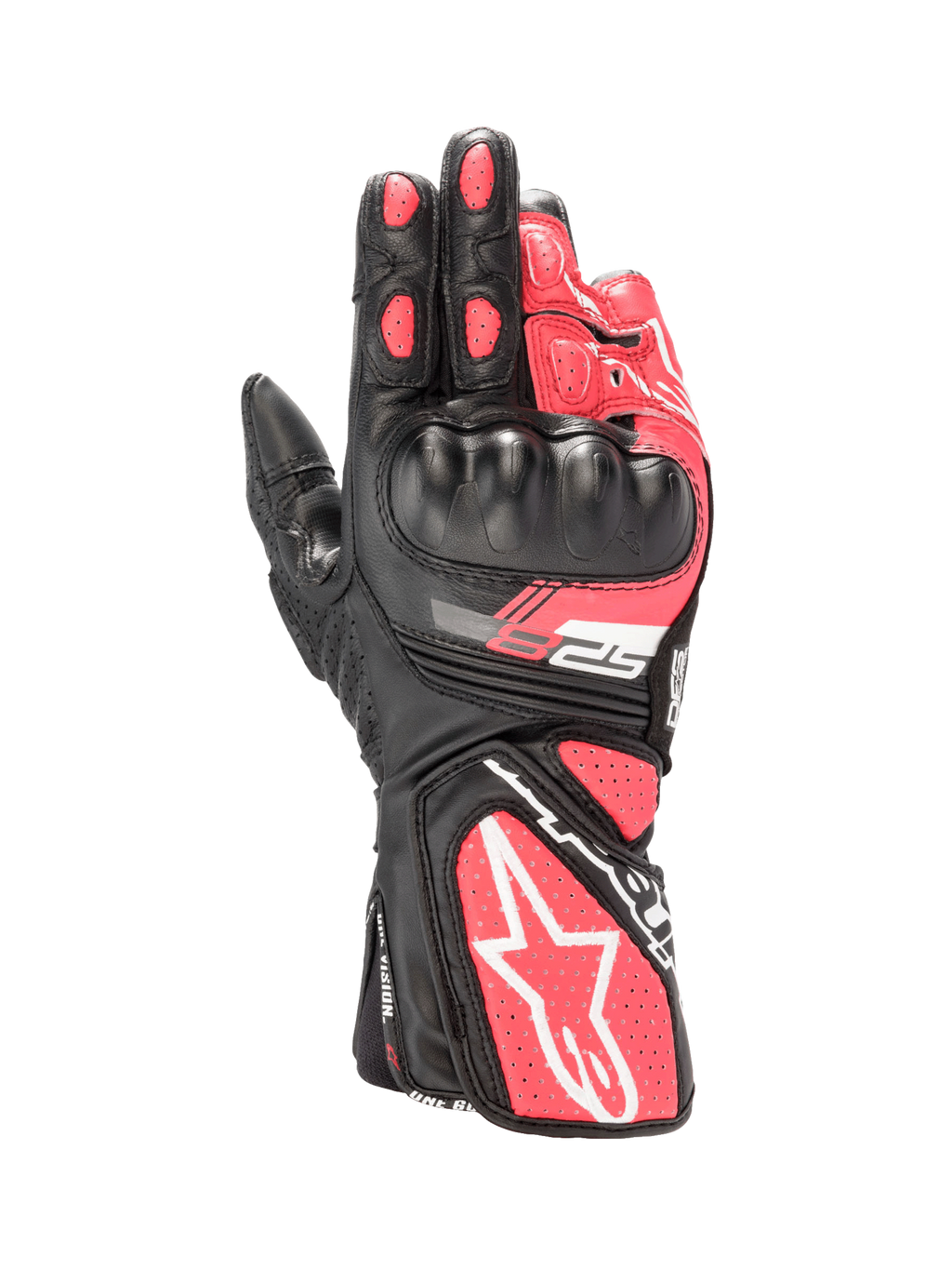 Alpinestars Stella SP-8 V3, luvas de moto para mulher, pretas e rosa diva, em couro com proteção rígida nos nós dos dedos e pormenores brancos, certificadas CE