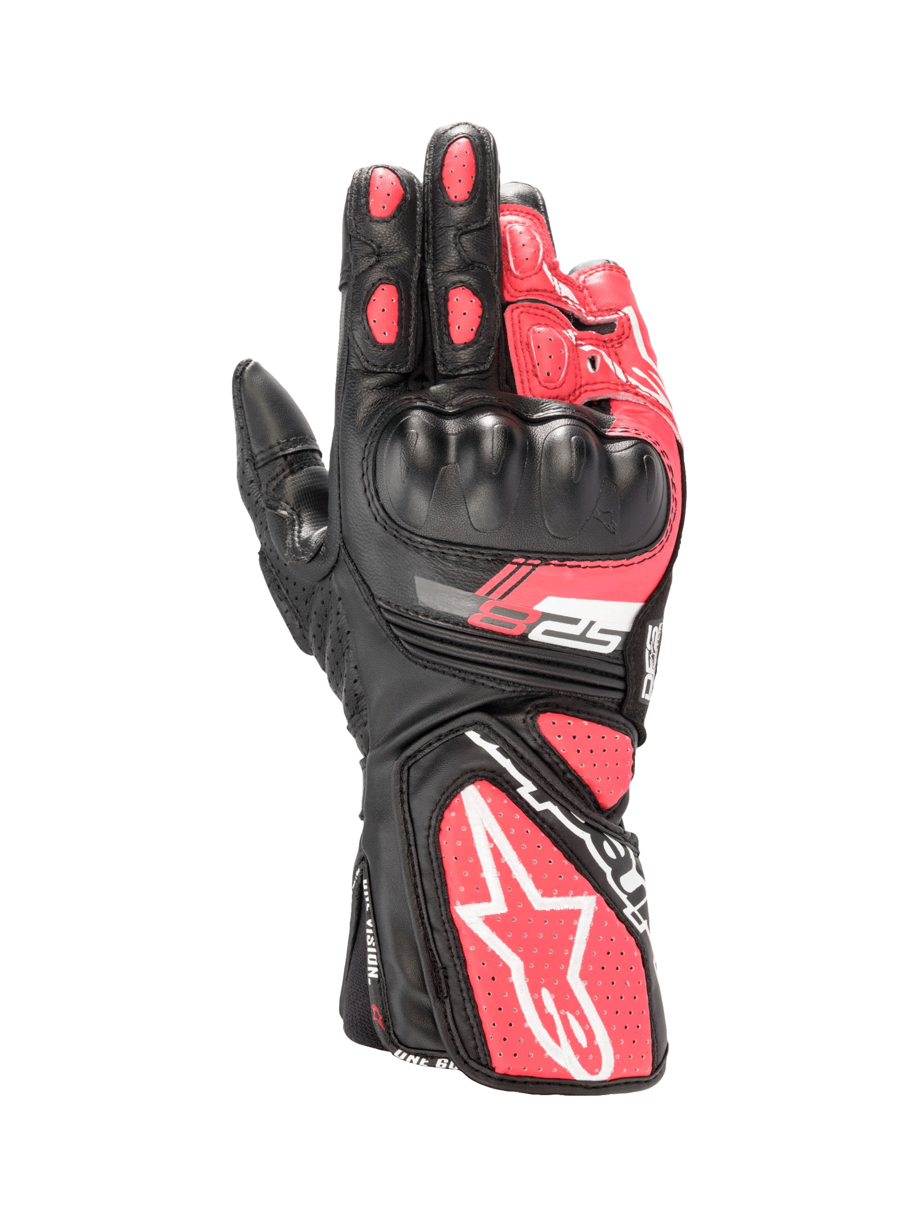 Alpinestars Stella SP-8 V3 Women's Motorcycle Gloves, Black and Diva Pink leather with hard knuckle protection and white accents.