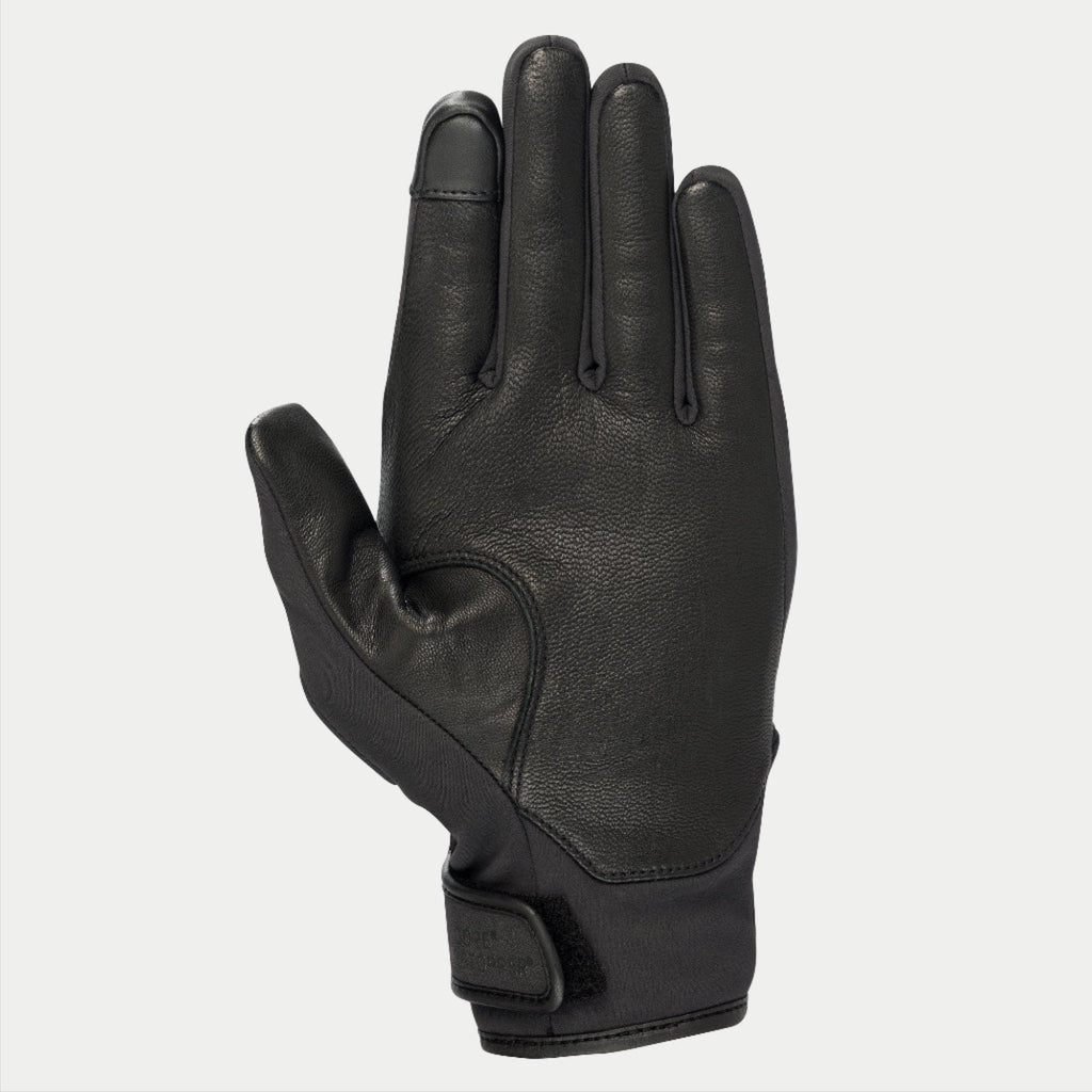 Luvas Alpinestars Stella C1 Windstopper V2 para Mulher, pretas, vista da palma com reforços em pele de flor integral e ponta do dedo indicador compatível com ecrã tátil, fecho do punho com gancho e laço, design urbano elegante