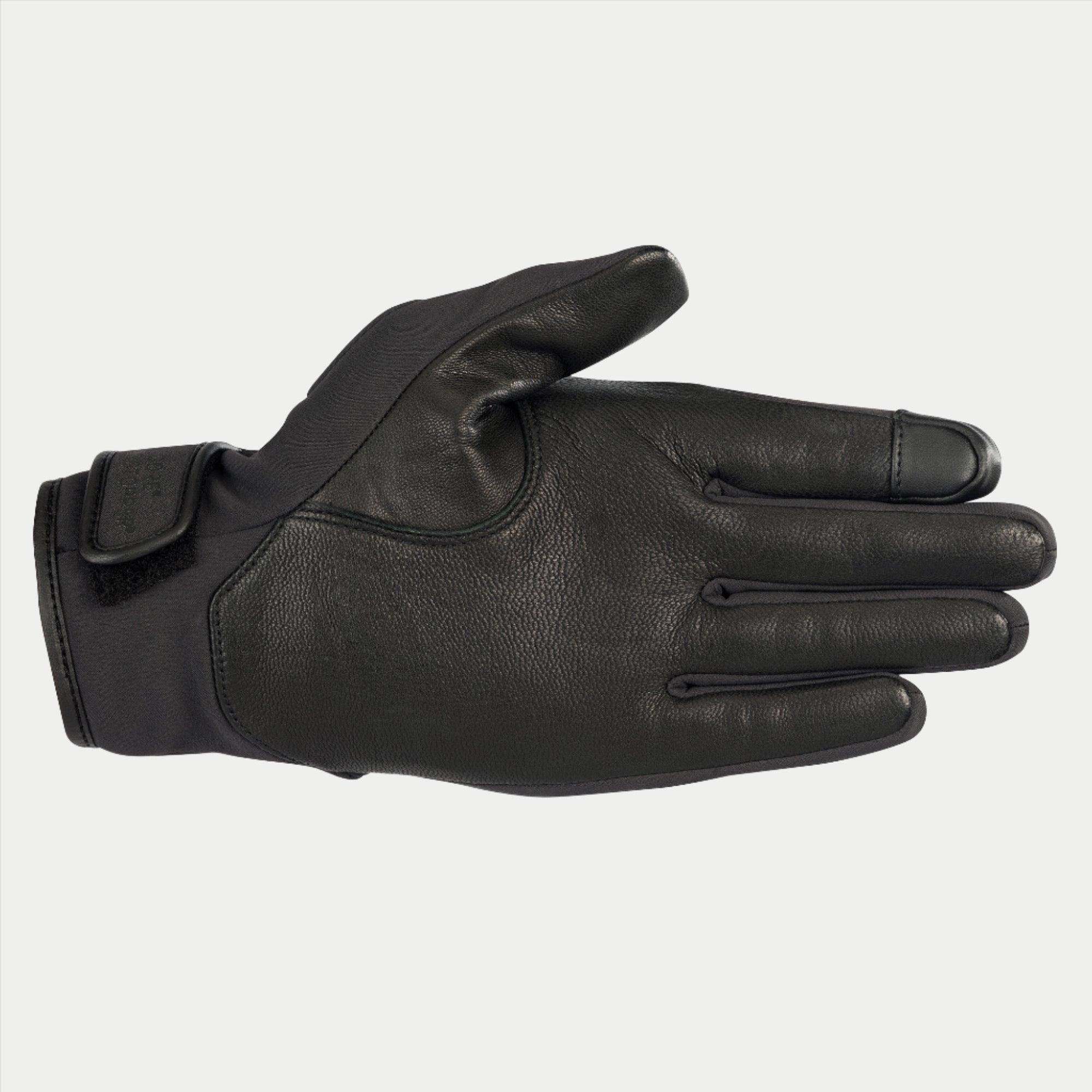 Luvas Alpinestars Stella C1 Windstopper V2 para Mulher, pretas, vista da palma com reforços em pele de flor integral e ponta do dedo indicador compatível com ecrã tátil, fecho do punho com gancho e laço, design urbano elegante