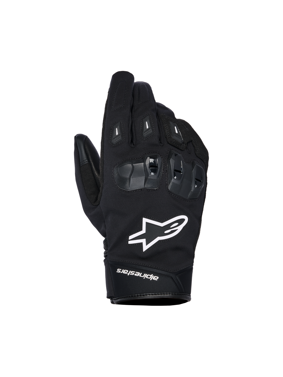 Alpinestars SP X Z Waterproof Gloves, Black motorcycle gloves with white star logo, featuring textured SP X TPU knuckle protection with glossy black segments, sleek street design with reinforced stitching, waterproof construction for all-weather riding