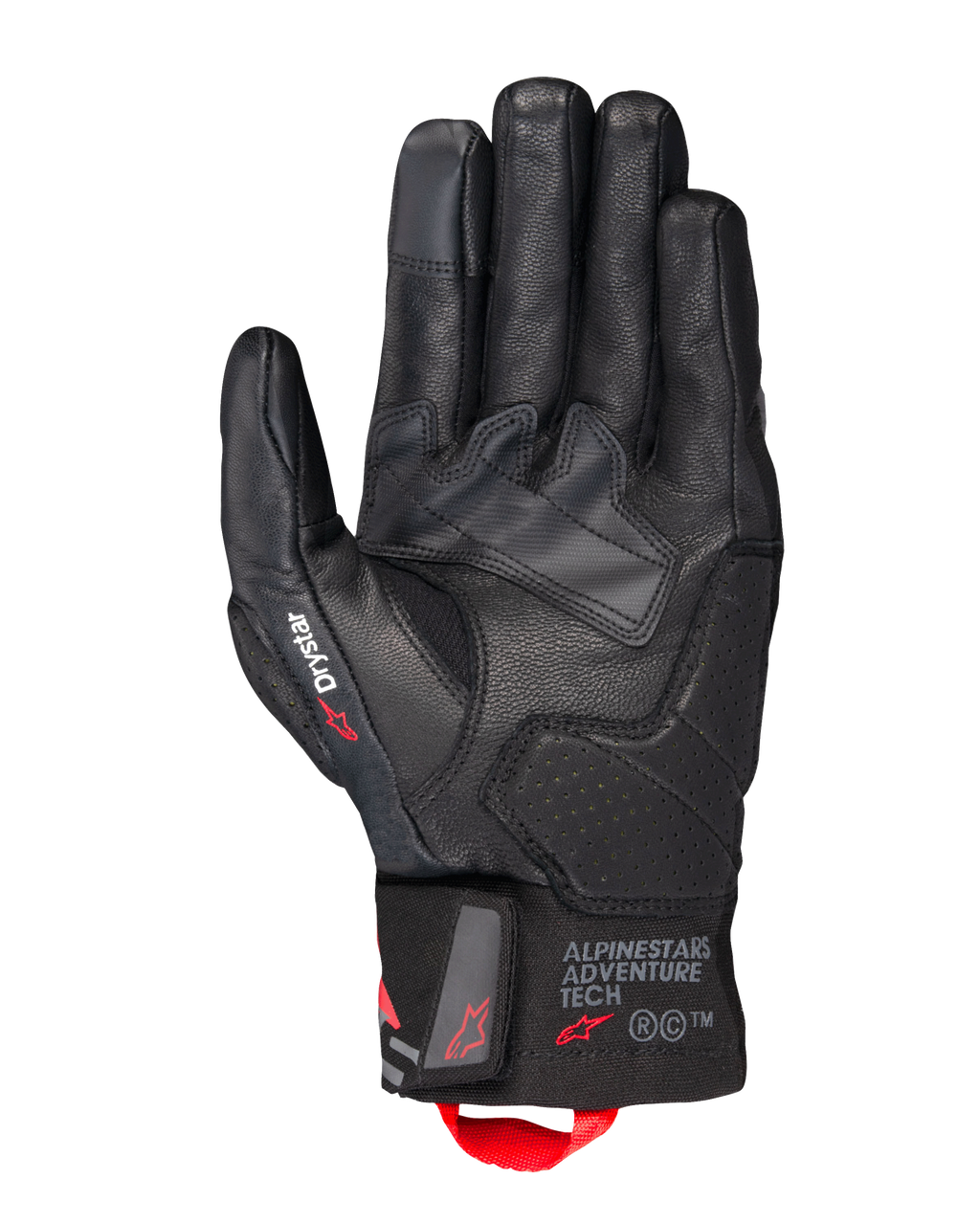 Alpinestars Belize V3 Drystar® Gloves, luvas de motociclismo touring pretas, vista da palma com construção em pele e reforços perfurados, marca Drystar no polegar, logótipo Adventure Tech no punho e alça de puxar vermelha