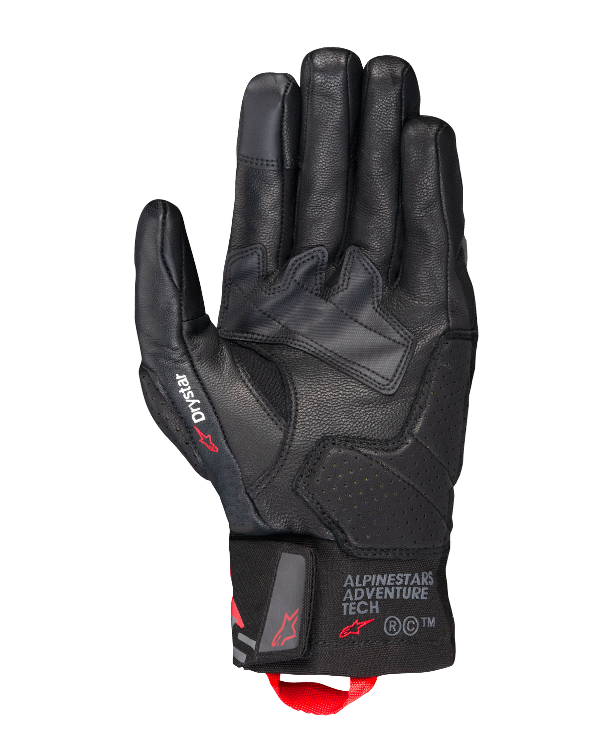 Alpinestars Belize V3 Drystar® Gloves, luvas de motociclismo touring pretas, vista da palma com construção em pele e reforços perfurados, marca Drystar no polegar, logótipo Adventure Tech no punho e alça de puxar vermelha