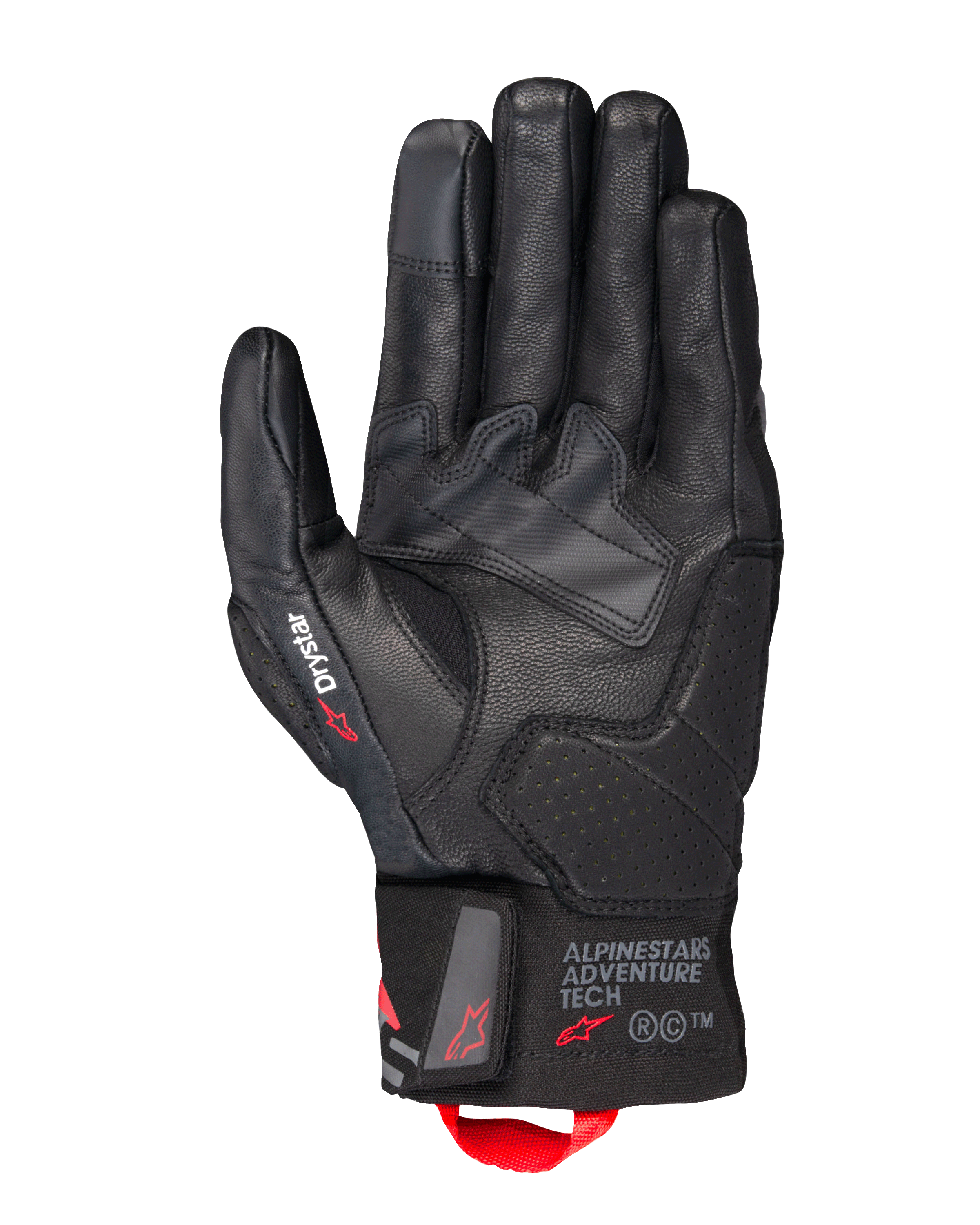 Alpinestars Belize V3 Drystar® Gloves, luvas de motociclismo touring pretas, vista da palma com construção em pele e reforços perfurados, marca Drystar no polegar, logótipo Adventure Tech no punho e alça de puxar vermelha