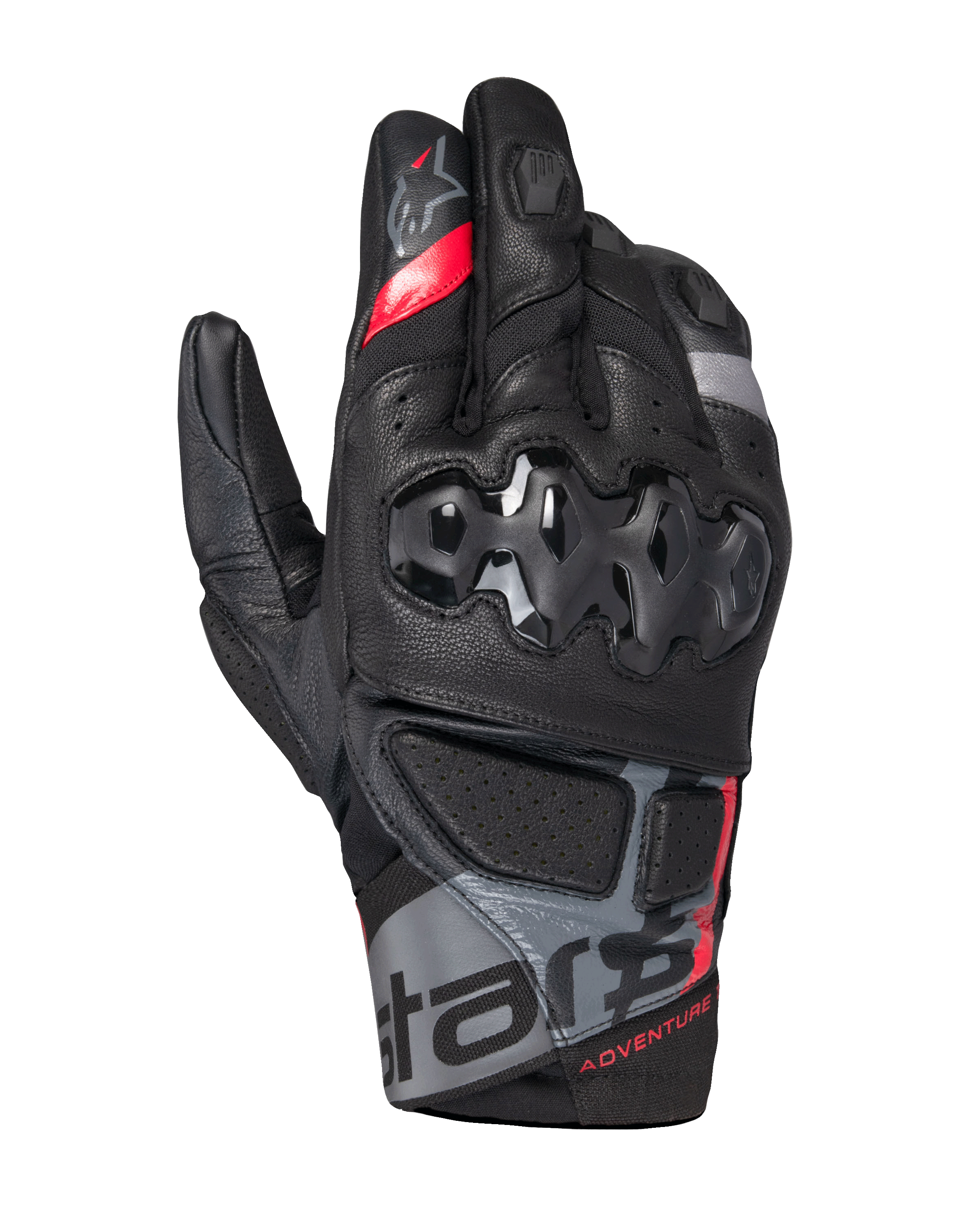 Alpinestars Belize V3 Drystar Gloves, luvas de motociclismo de aventura de punho curto, pretas com detalhes vermelhos e cinzentos, com proteção rígida nos nós dos dedos com padrão hexagonal, painéis em pele perfurada e marcação 'ADVENTURE' no punho.