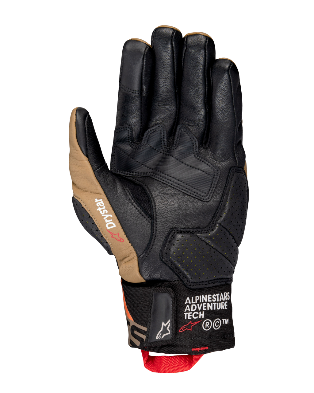 Alpinestars Belize V3 Drystar® Gloves, palm view of a short-cuff motorcycle glove in Black and Gobi Brown, leather construction with reinforced palm, perforated detailing, and red pull tab.