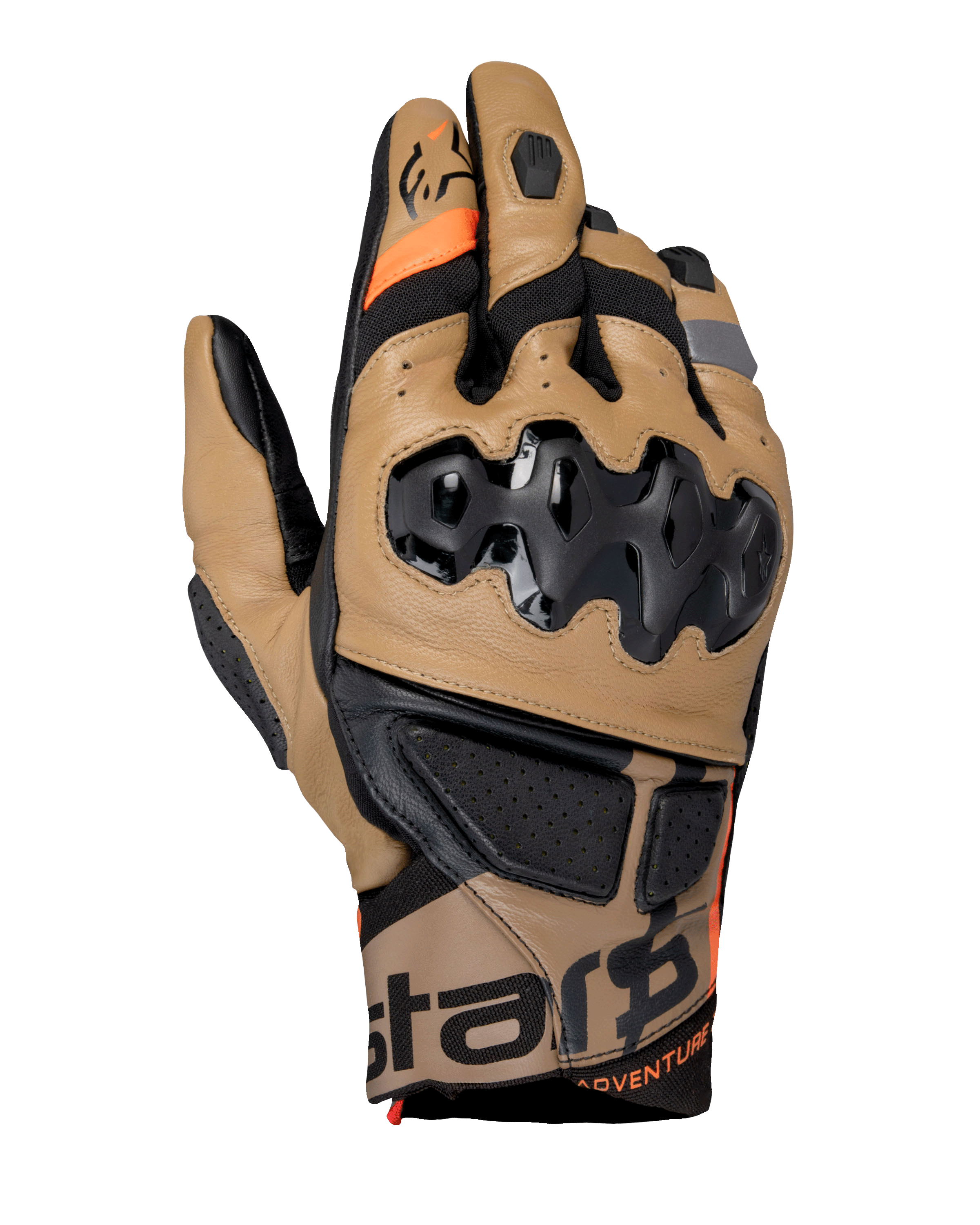 Alpinestars Belize V3 Drystar Gloves, Adventure Motorcycle Gloves, Gobi Brown and Black, featuring injected SP knuckle protection, short cuff design, perforated leather panels, orange accents, and Alpinestars branding on the cuff