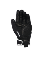 Luvas Alpinestars Moblast Waterproof, pretas com detalhes em branco sujo, vista da palma mostrando a construção em pele de cabra, logótipo Drystar branco no polegar, reforço do deslizador da palma, equipamento de motociclismo urbano de punho curto