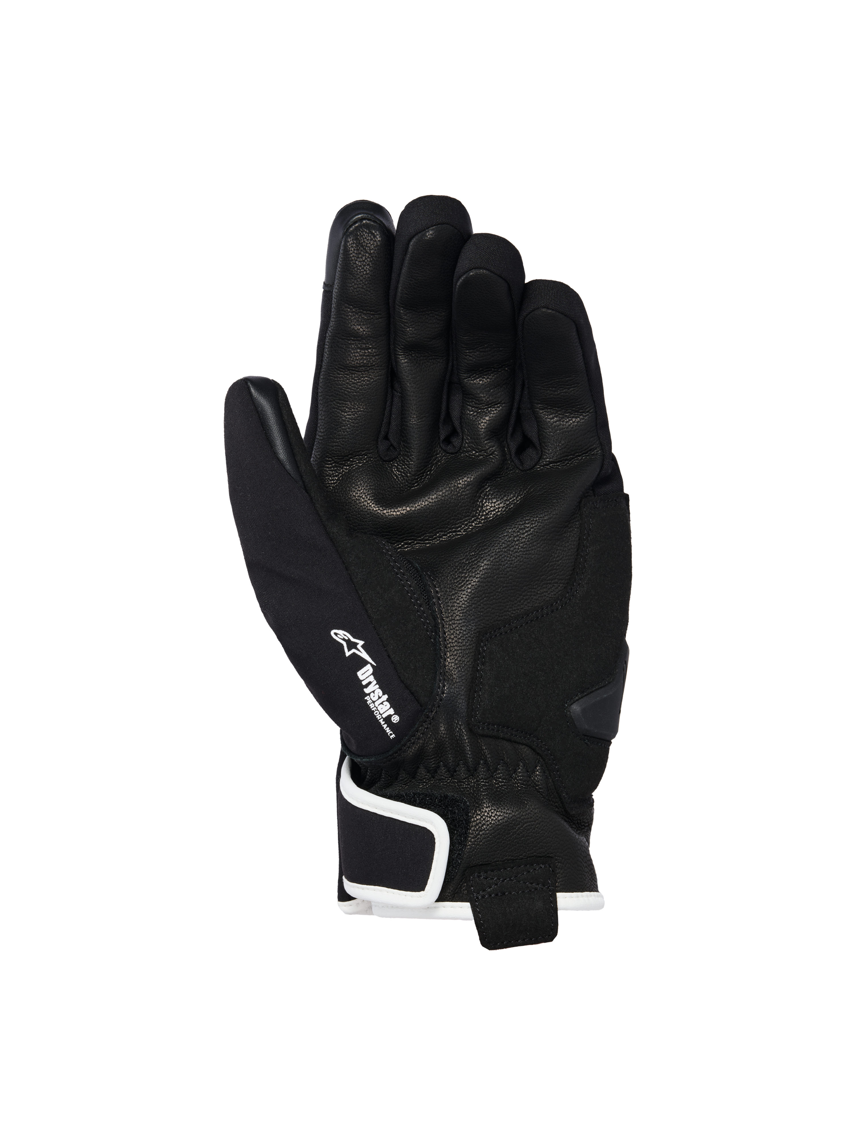 Luvas Alpinestars Moblast Waterproof, pretas com detalhes em branco sujo, vista da palma mostrando a construção em pele de cabra, logótipo Drystar branco no polegar, reforço do deslizador da palma, equipamento de motociclismo urbano de punho curto