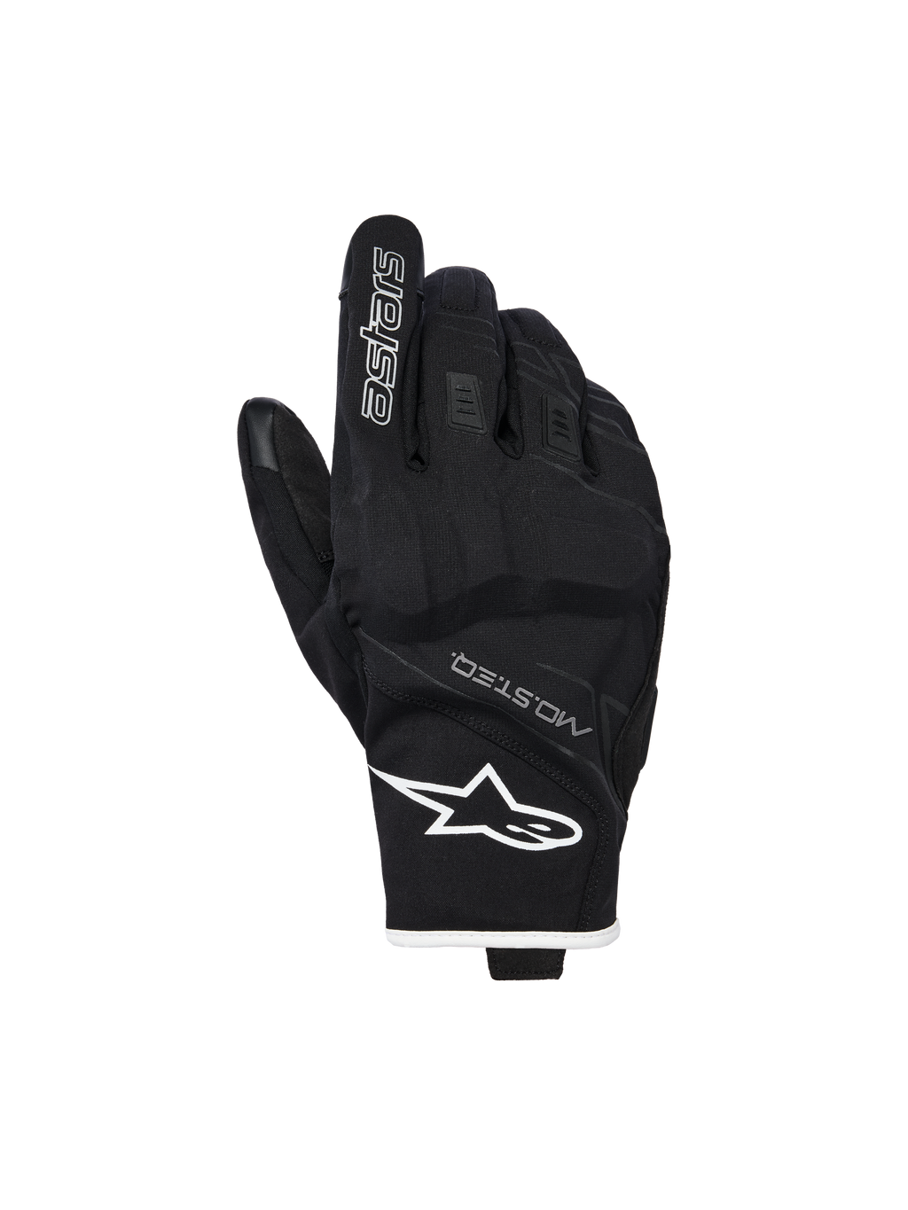 Luvas Alpinestars Moblast Waterproof, luvas de motociclismo, pretas e brancas, vista do dorso com logótipo de estrela branco no pulso e marca 'astars' no dedo indicador, com texto MO.ST.EQ., material elástico texturizado com nós dos dedos reforçados e design de punho curto.