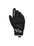 Luvas Alpinestars Moblast Waterproof, luvas de motociclismo, pretas e brancas, vista do dorso com logótipo de estrela branco no pulso e marca 'astars' no dedo indicador, com texto MO.ST.EQ., material elástico texturizado com nós dos dedos reforçados e design de punho curto.