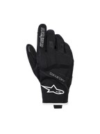 Luvas Alpinestars Moblast Waterproof, luvas de motociclismo, pretas e brancas, vista do dorso com logótipo de estrela branco no pulso e marca 'astars' no dedo indicador, com texto MO.ST.EQ., material elástico texturizado com nós dos dedos reforçados e design de punho curto.