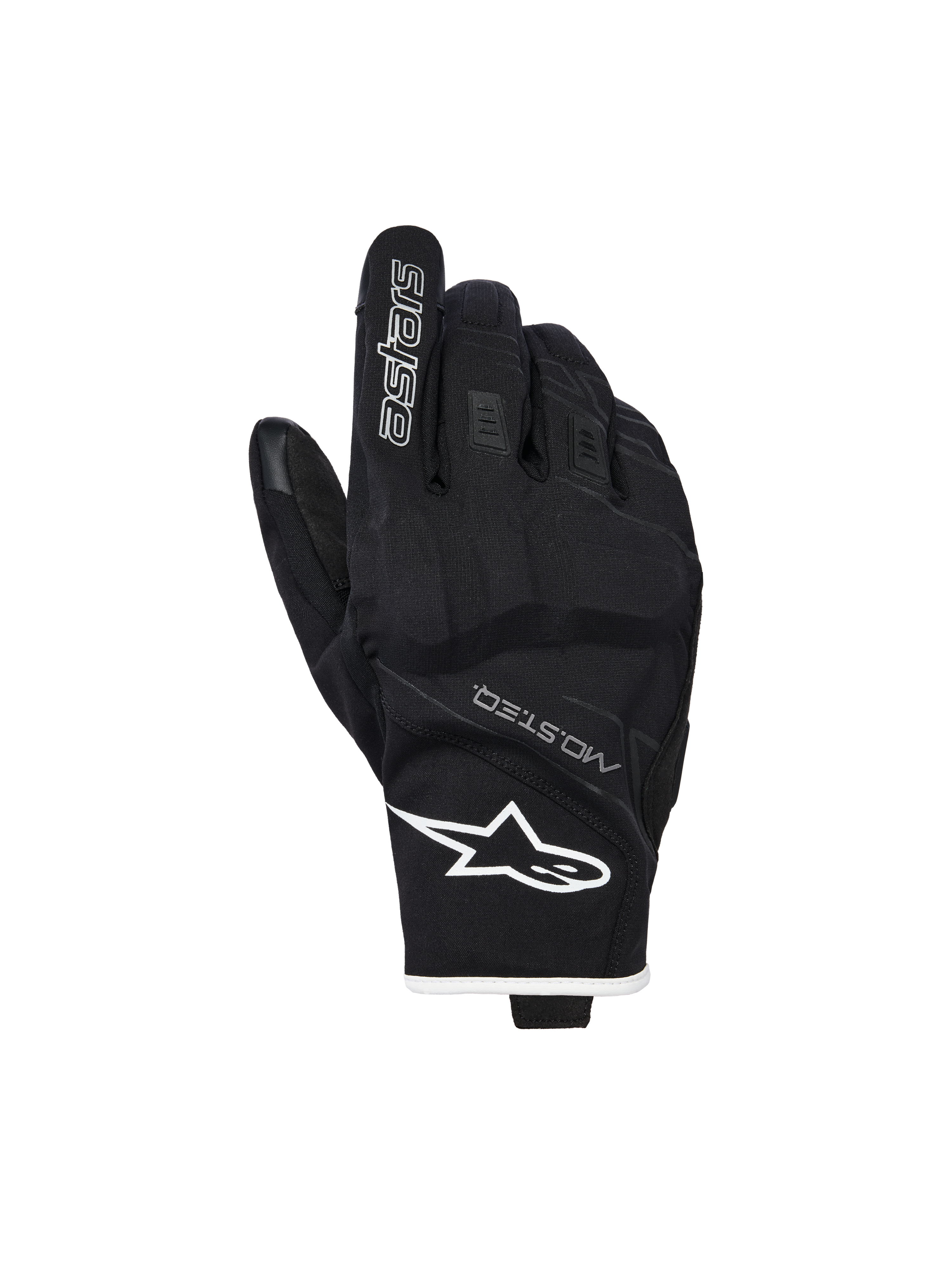 Luvas Alpinestars Moblast Waterproof, luvas de motociclismo, pretas e brancas, vista do dorso com logótipo de estrela branco no pulso e marca 'astars' no dedo indicador, com texto MO.ST.EQ., material elástico texturizado com nós dos dedos reforçados e design de punho curto.