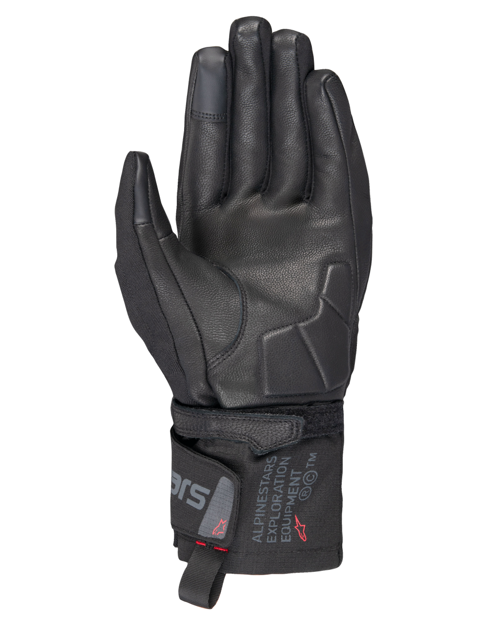 Alpinestars WT-3 Drystar® Insulated Gloves, Black motorcycle gloves, palm view showing leather reinforcement and padded palm, mid-length cuff with Alpinestars Exploration Equipment branding, touchscreen compatible fingertips, durable all-weather touring protection.