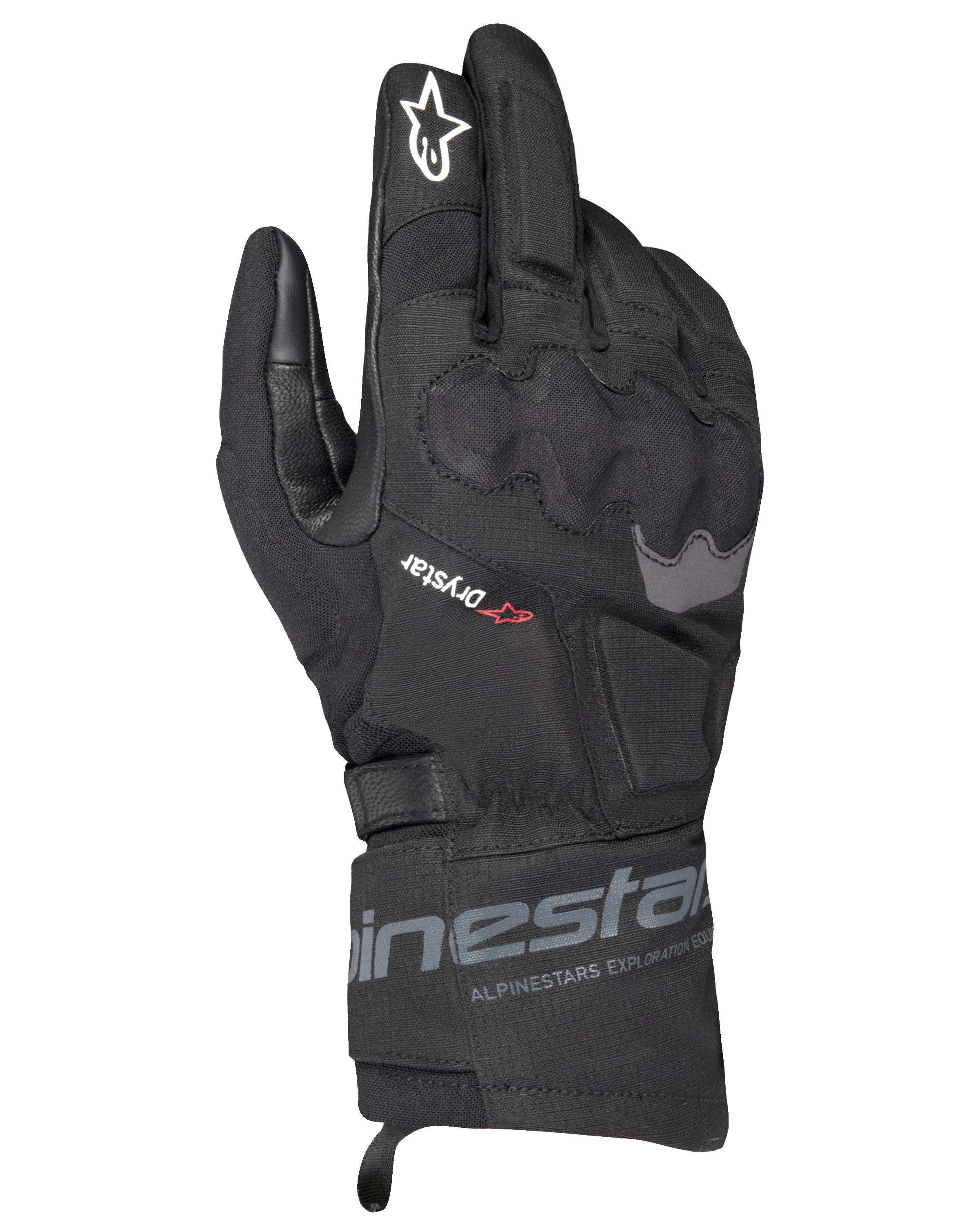 Luvas Alpinestars WT-3 Drystar Insulated, luvas de touring pretas para motociclismo, construção impermeável e térmica com proteção de nós dos dedos moldada, logótipo de estrela branca no dedo indicador e punho de comprimento médio com marca Alpinestars